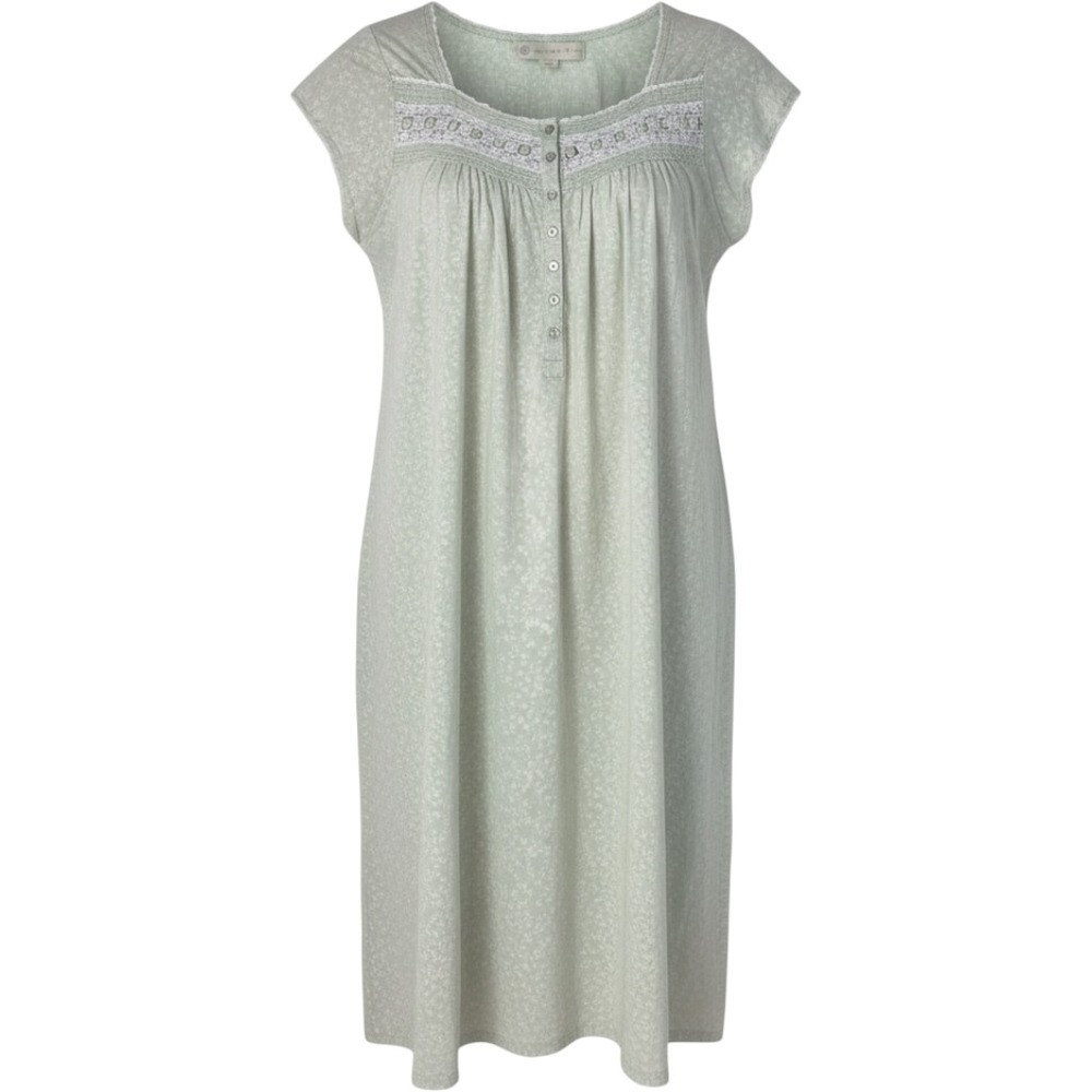 Eileen West Women Sage Green Floral Cotton Lace Trim Nightgown Size S Cap Sleeve
